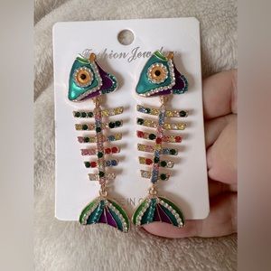 Fishbone Multicolored Rhinestone Earrings!